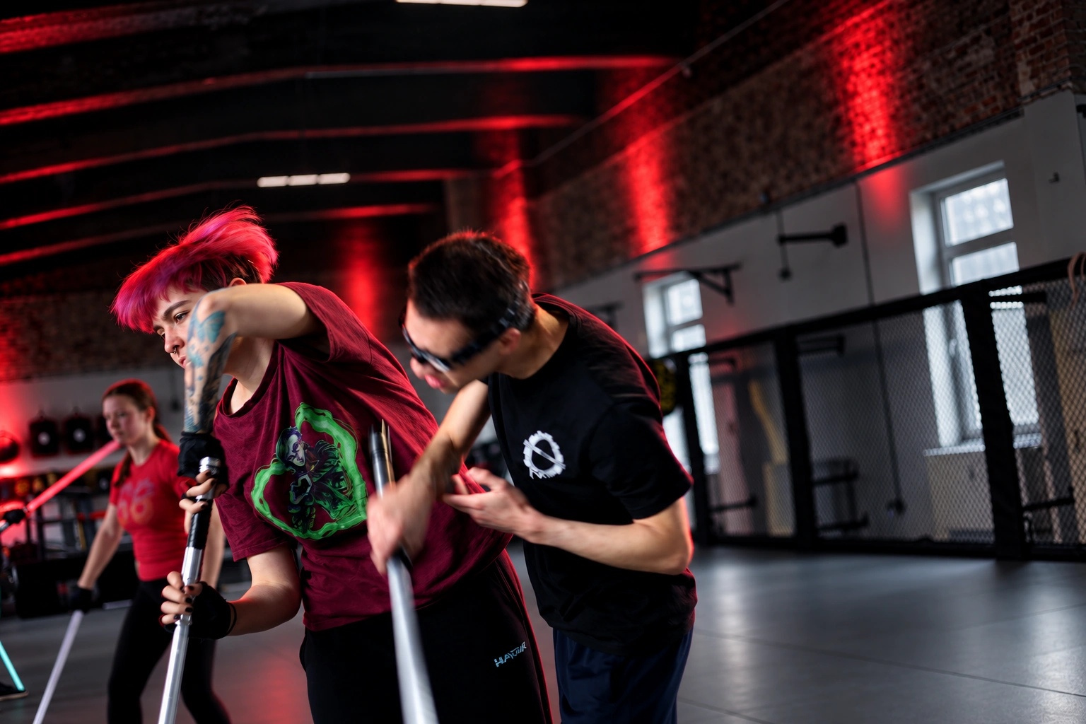Lichtschwerttraining mit drei Teilnehmenden in der KSG-Kampfsporthalle